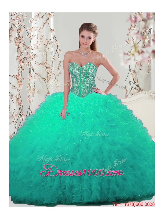 2016 Pretty Sweetheart Beaded and Ruffles Detachable Quinceanera Dresses in Turquoise
