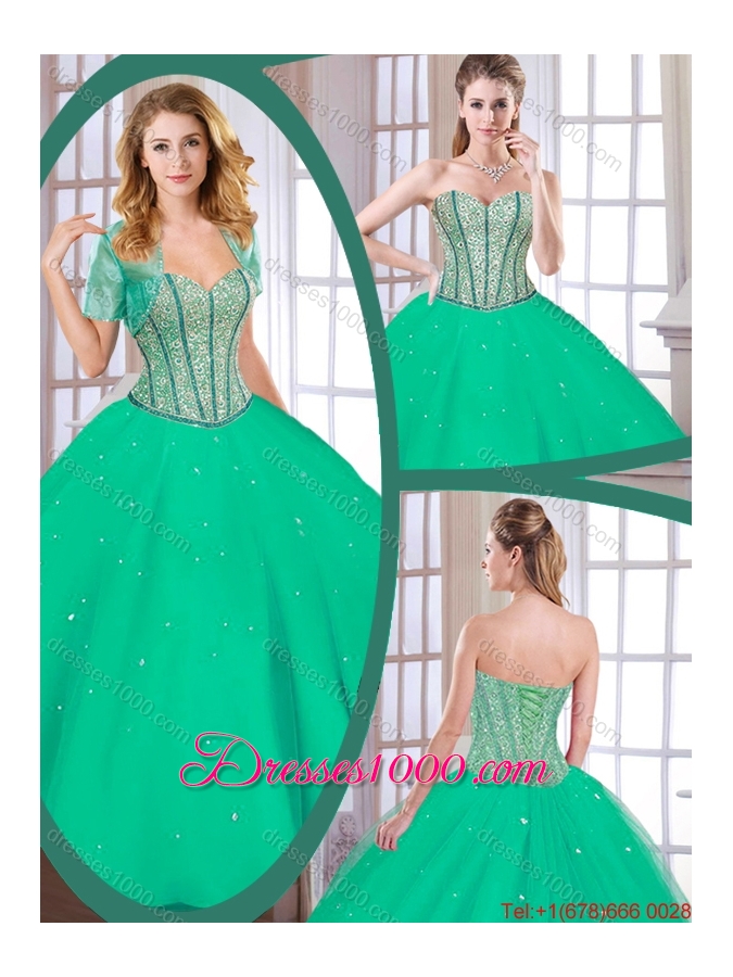 2016 Spring Latest Green Sweetheart Quinceanera Gowns with Beading
