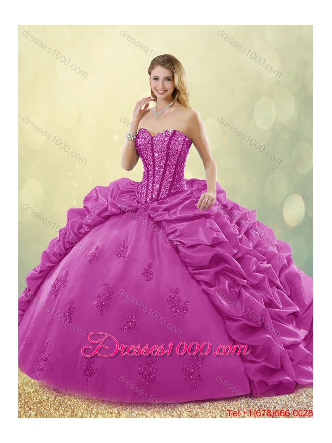 Best Selling Brush Train Beading Quinceanera Dresses in Fuchsia