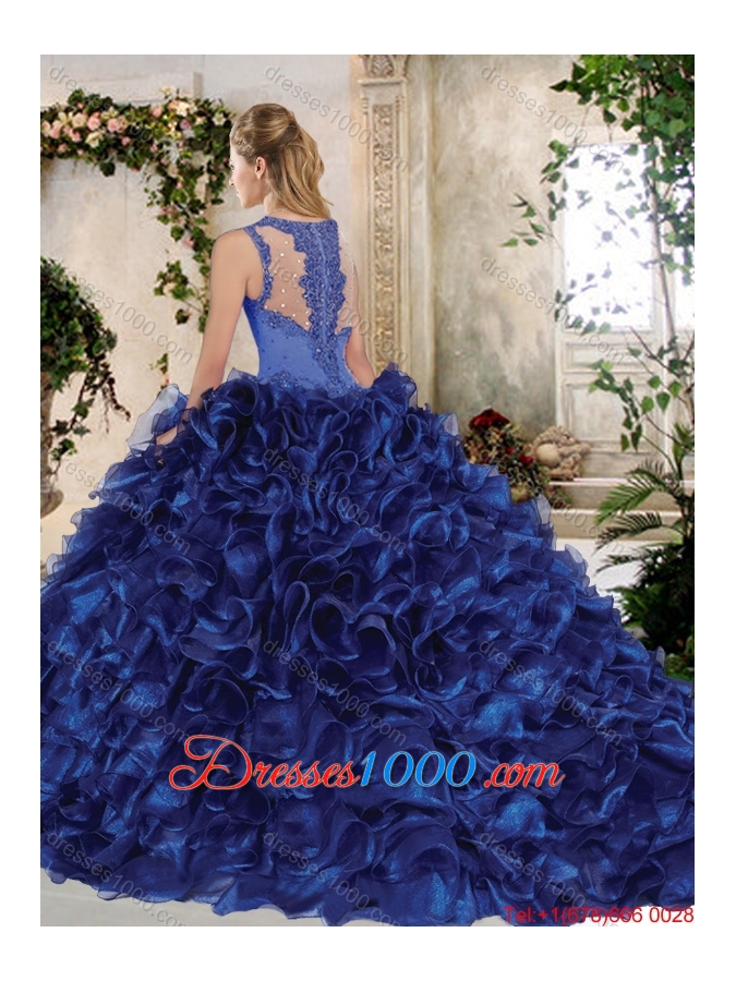 Elegant Brush Train Straps Quinceanera Dresses with Beading and Ruffles