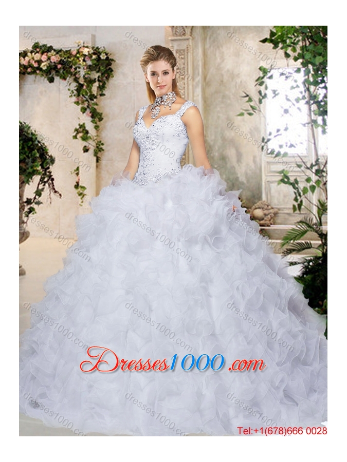 Elegant Brush Train Straps Quinceanera Dresses with Beading and Ruffles