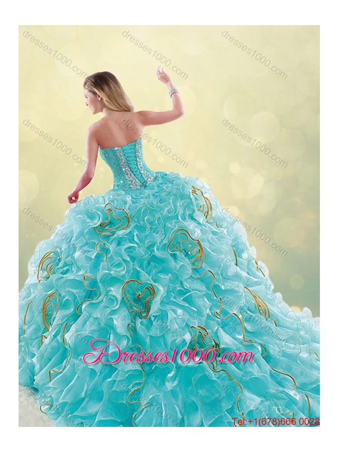 Luxurious Brush Train Sweetheart Detachable Quinceanera Dresses in Aqua Blue