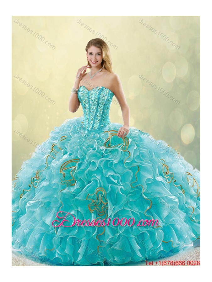 Luxurious Brush Train Sweetheart Detachable Quinceanera Dresses in Aqua Blue