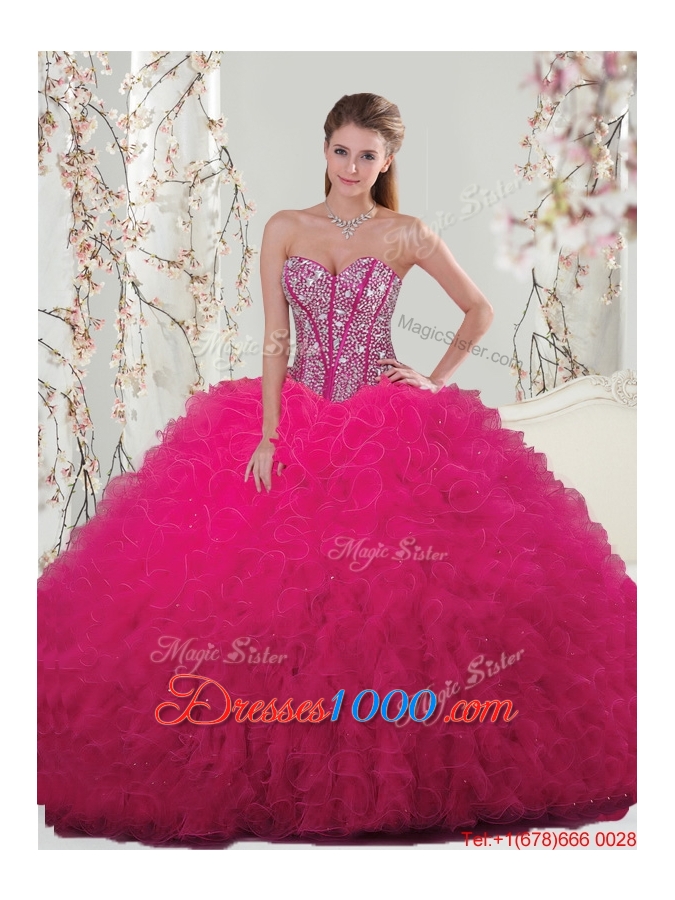 Pretty Sweetheart Beaded and Ruffles Detachable Quinceanera Dresses in Hot Pink