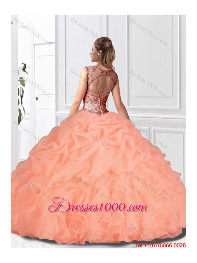 Perfect Beaded and Ruffles Watermelon Quinceanera Gowns with Bateau