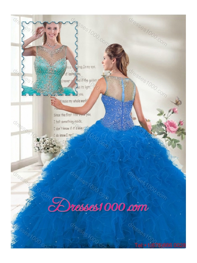Fall Perfect Scoop Ruffles Blue Sweet 16 Gown with Beading