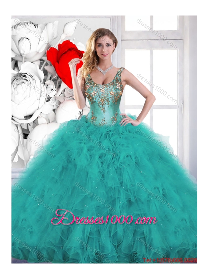 Gorgeous Beading Scoop Teal Sweet 16 Dresses with Ruffles