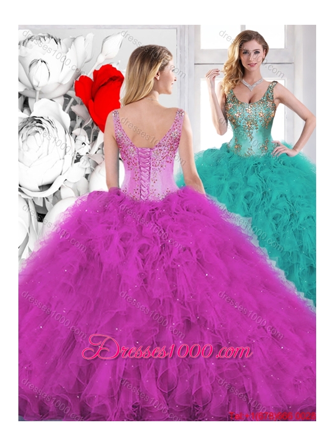 Gorgeous Beading Scoop Teal Sweet 16 Dresses with Ruffles