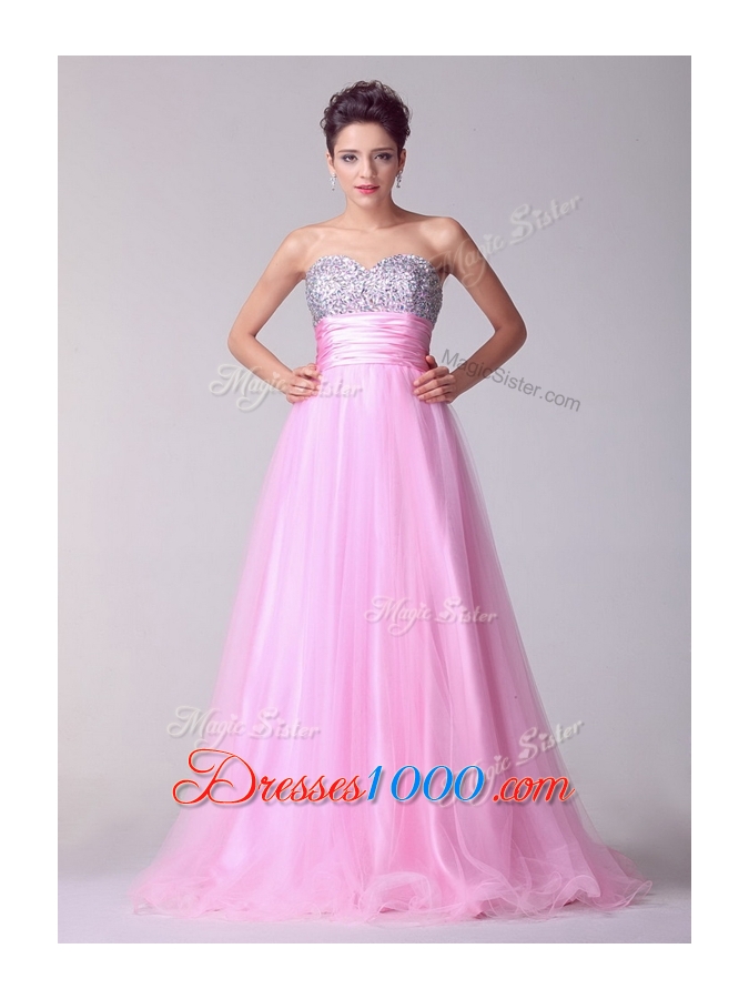 Beautiful A Line Brush Train Rose Pink Prom Dresses with Beading for Spring