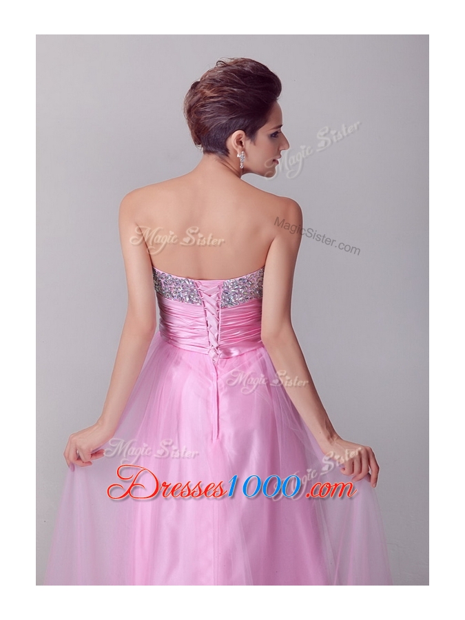 Beautiful A Line Brush Train Rose Pink Prom Dresses with Beading for Spring