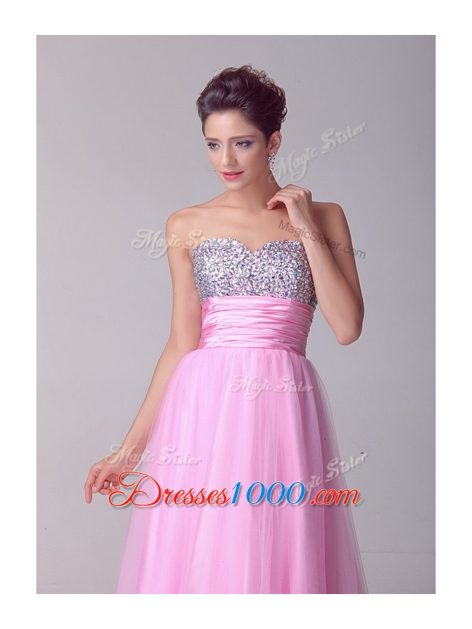 Beautiful A Line Brush Train Rose Pink Prom Dresses with Beading for Spring