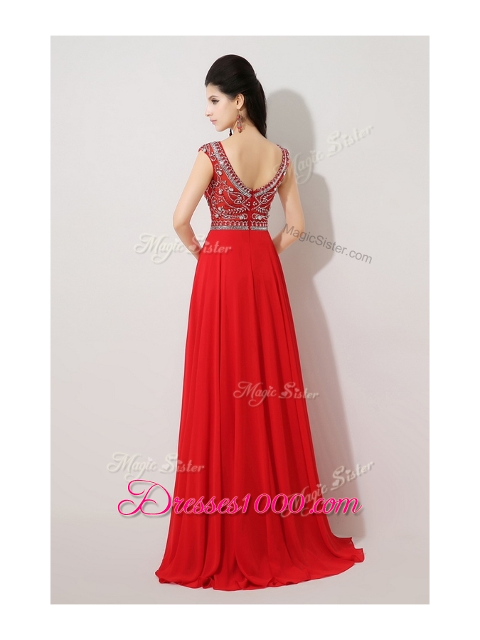 Beautiful Empire Bateau Brush Train Prom Dresses with Beading