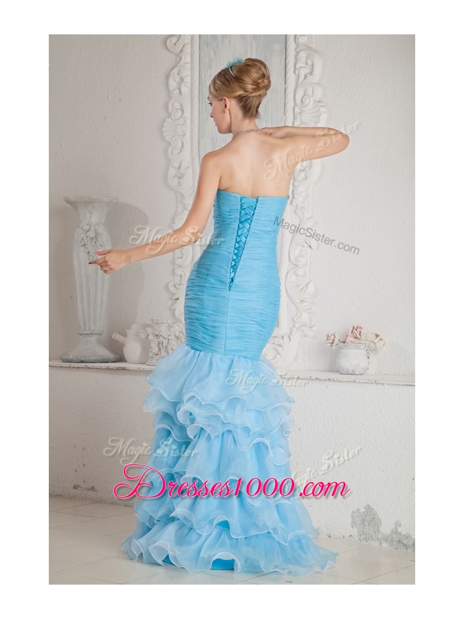 Beautiful Mermaid Sweetheart Beading and Ruffled Layers Aqua Blue Prom Dresses