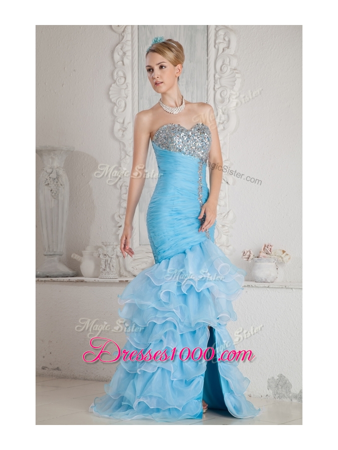 Beautiful Mermaid Sweetheart Beading and Ruffled Layers Aqua Blue Prom Dresses