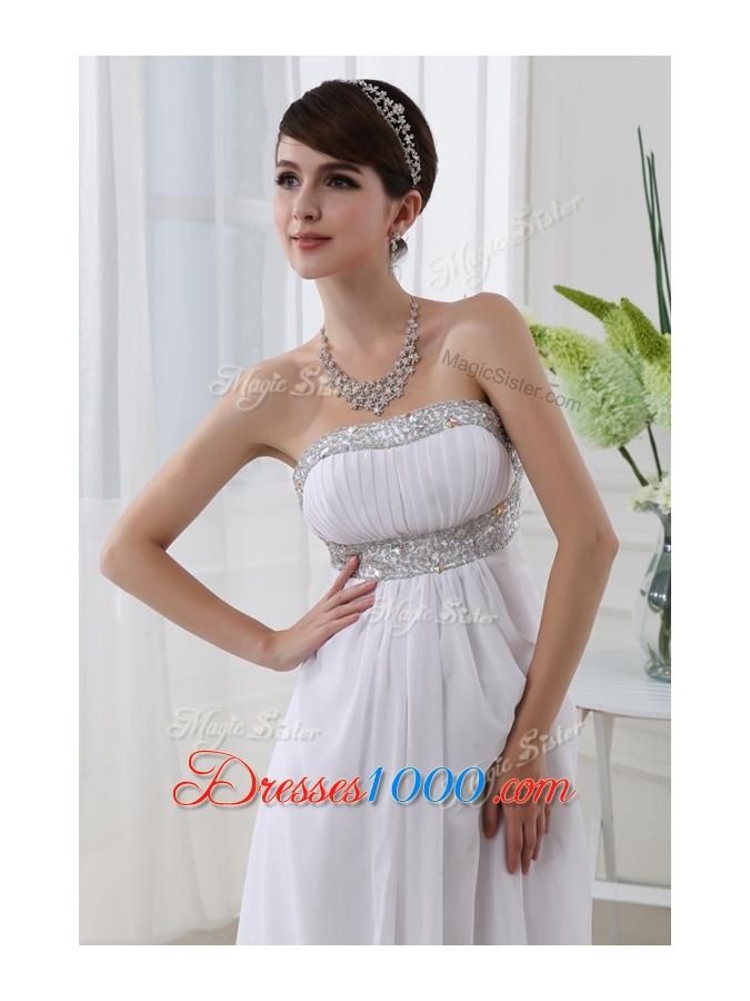 Beautiful Strapless Brush Train Beading Prom Dress in White