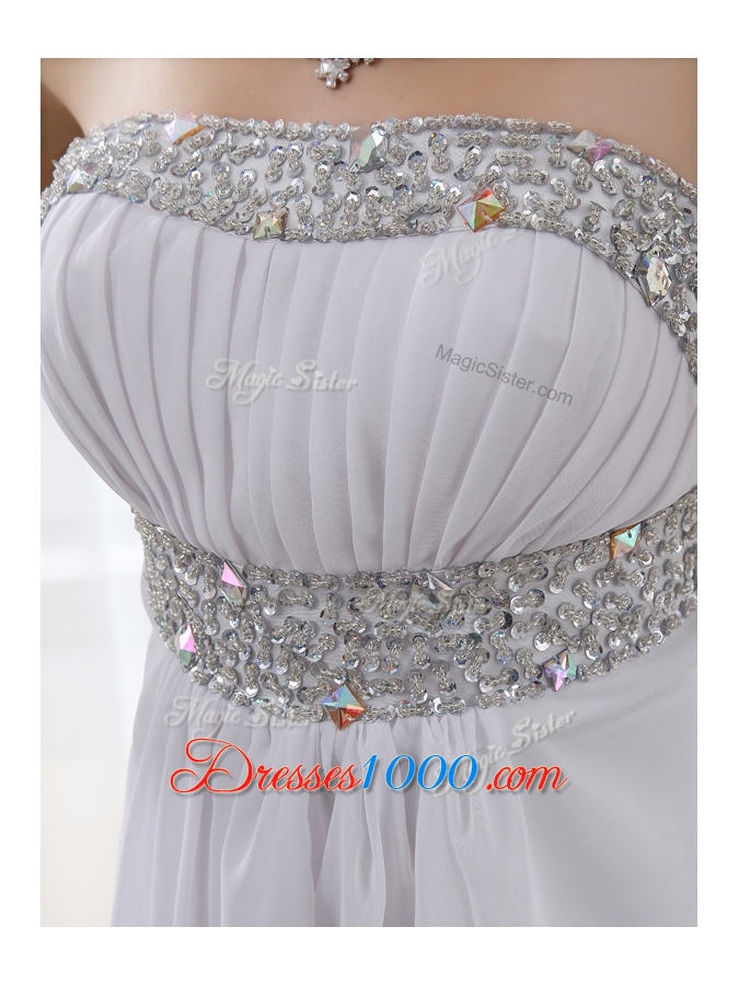 Beautiful Strapless Brush Train Beading Prom Dress in White