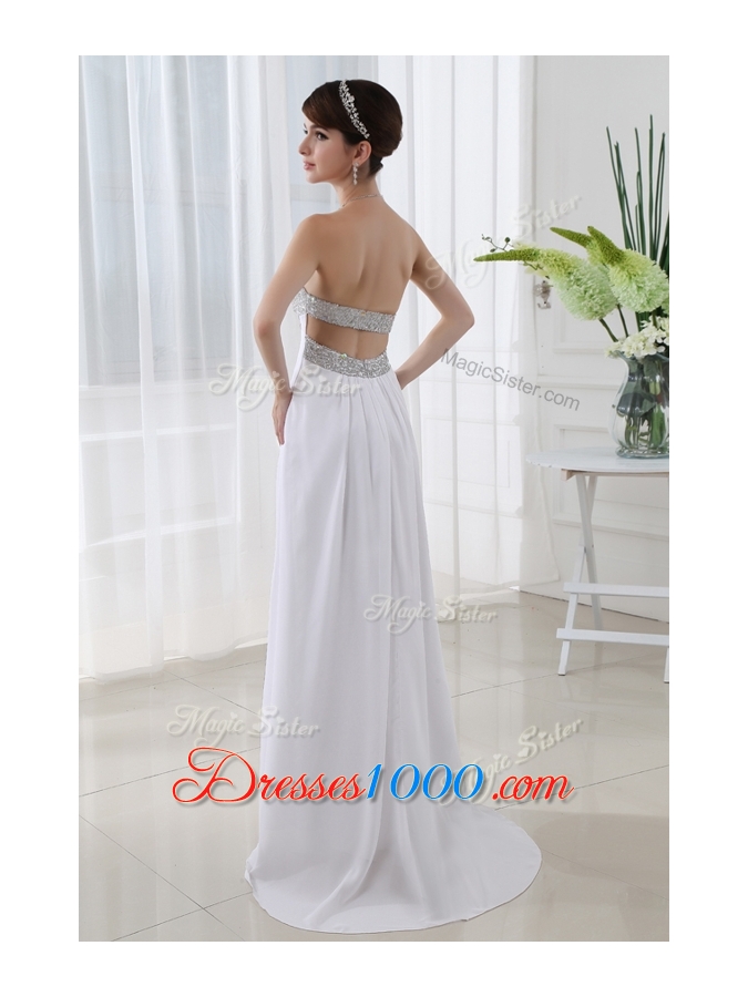 Beautiful Strapless Brush Train Beading Prom Dress in White