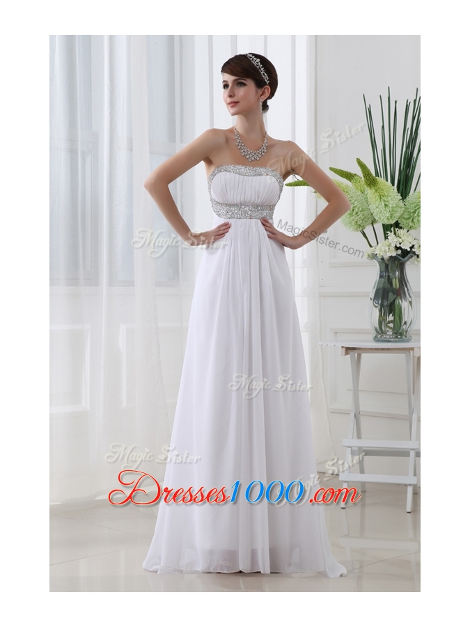 Beautiful Strapless Brush Train Beading Prom Dress in White