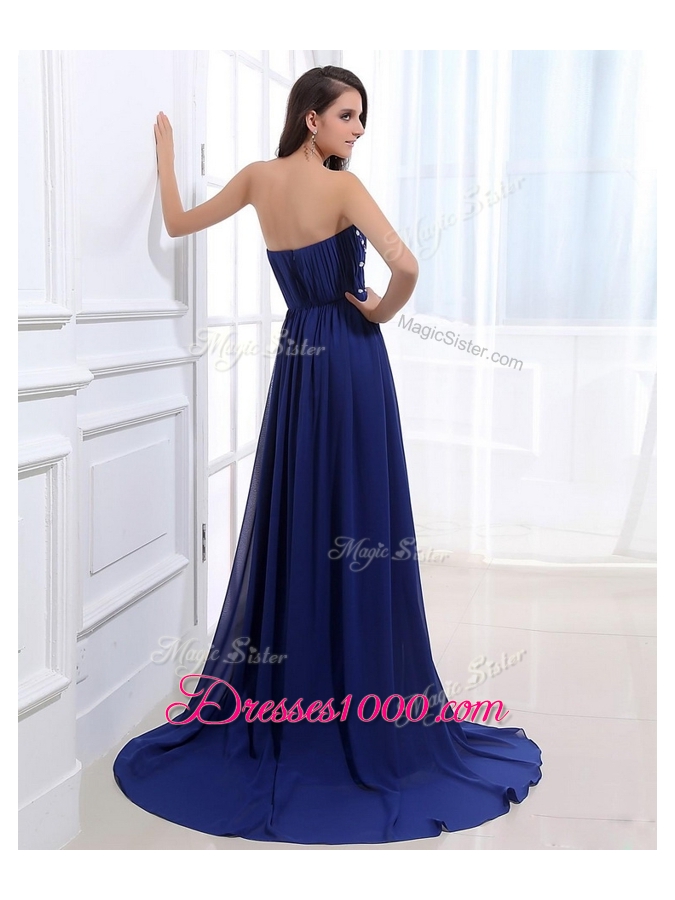 Elegant Brush Train Strapless Beading Prom Dresses in Royal Blue