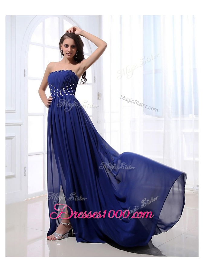Elegant Brush Train Strapless Beading Prom Dresses in Royal Blue