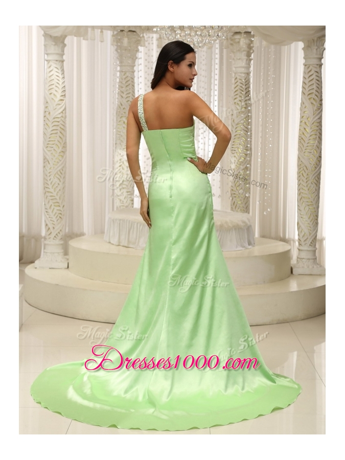 Elegant Column One Shoulder Beading Prom Dresses with Brush Train