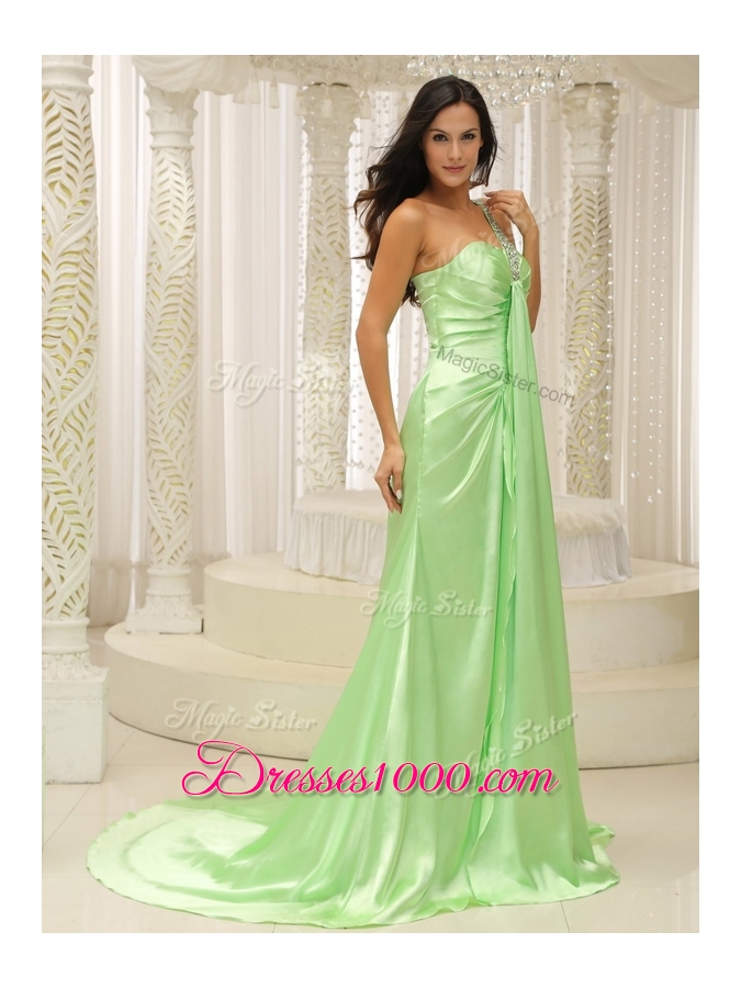 Elegant Column One Shoulder Beading Prom Dresses with Brush Train