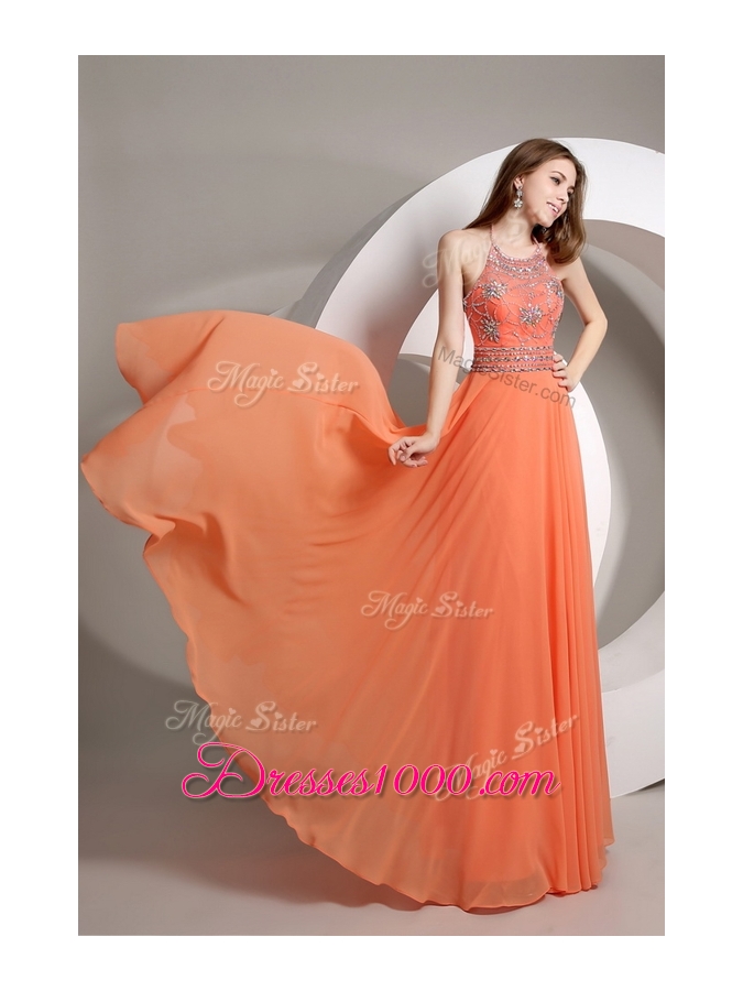 Elegant Empire Halter Top Orange Prom Dresses with Beading