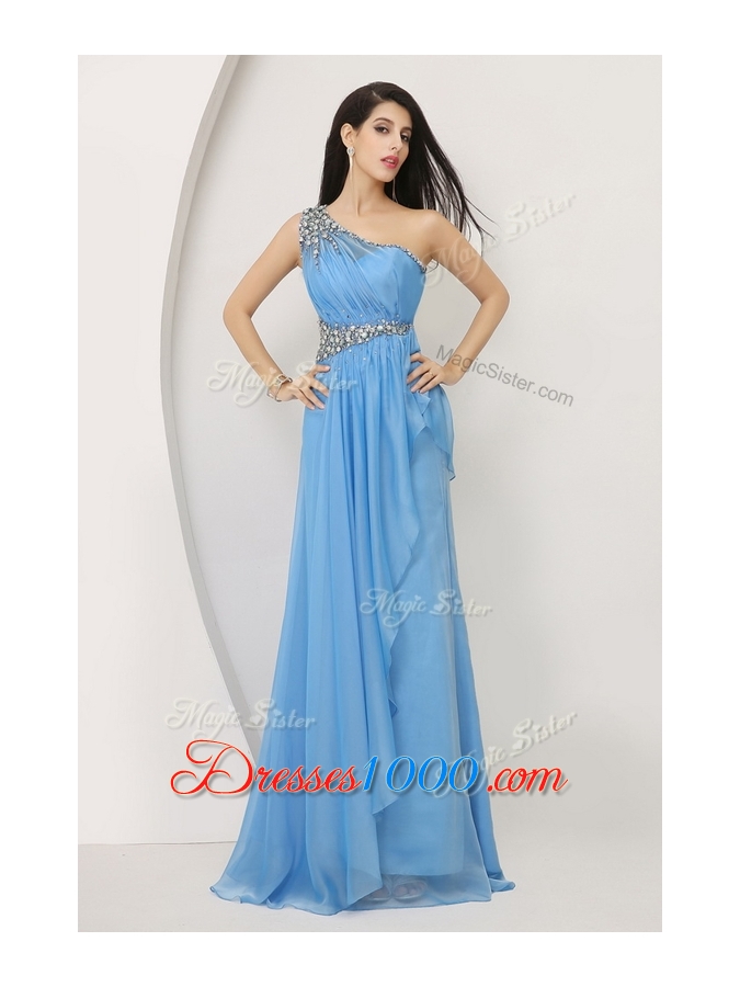 Elegant Empire One Shoulder Prom Dresses with Beading and Ruching
