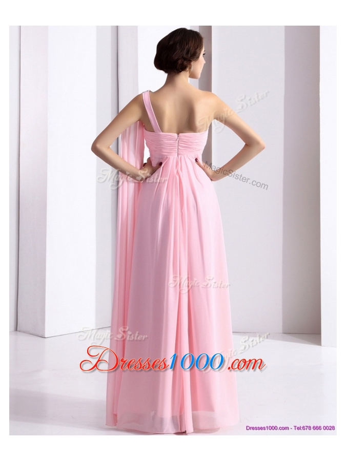 Elegant One Shoulder Baby Pink Prom Dress with Ruching and Beading