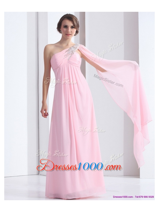 Elegant One Shoulder Baby Pink Prom Dress with Ruching and Beading