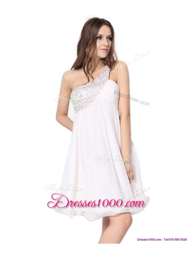 Elegant Short One Shoulder Beading Prom Dress in White