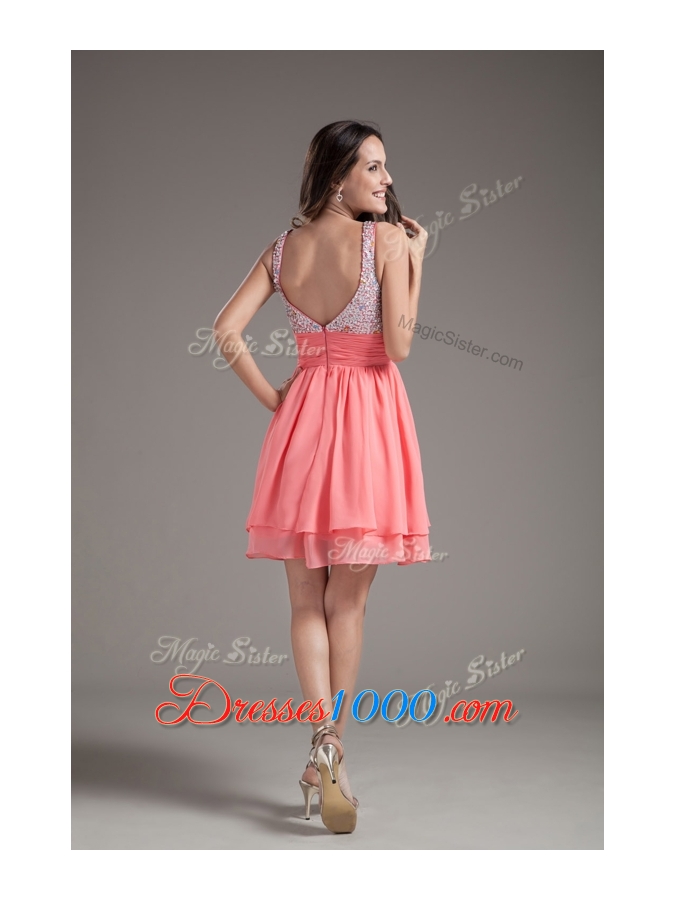 Elegant Straps Beading Short Watermelon Prom Dresses