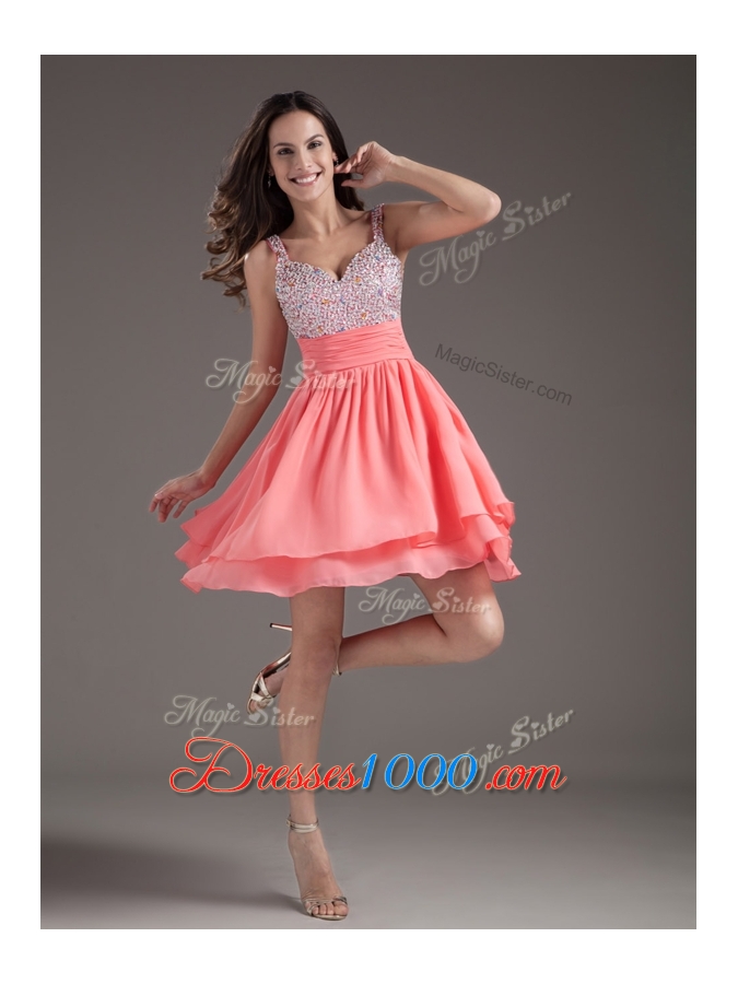 Elegant Straps Beading Short Watermelon Prom Dresses