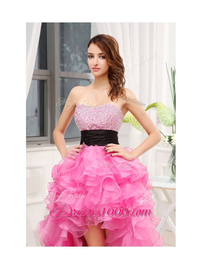 Elegant Sweetheart High-low Pink Prom Dresses with Beading and Belt