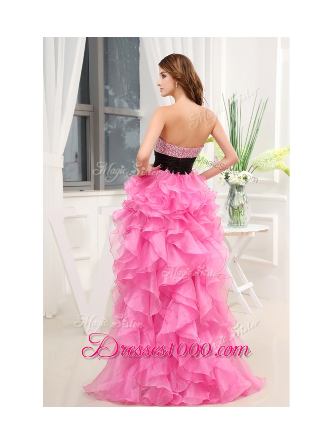 Elegant Sweetheart High-low Pink Prom Dresses with Beading and Belt