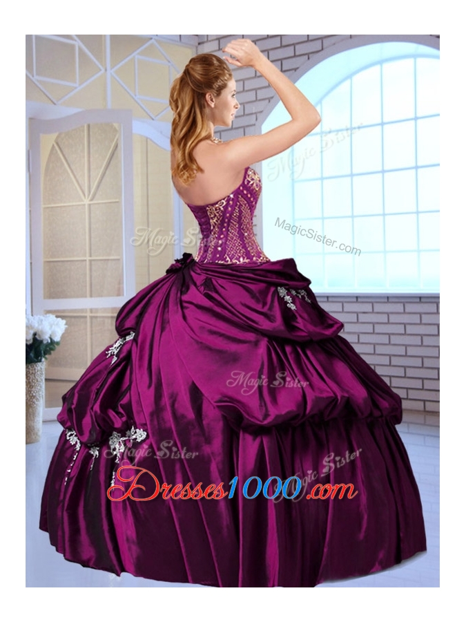 Gorgeous Ball Gown Taffeta Wine Red Quinceanera Gowns with Pick Ups