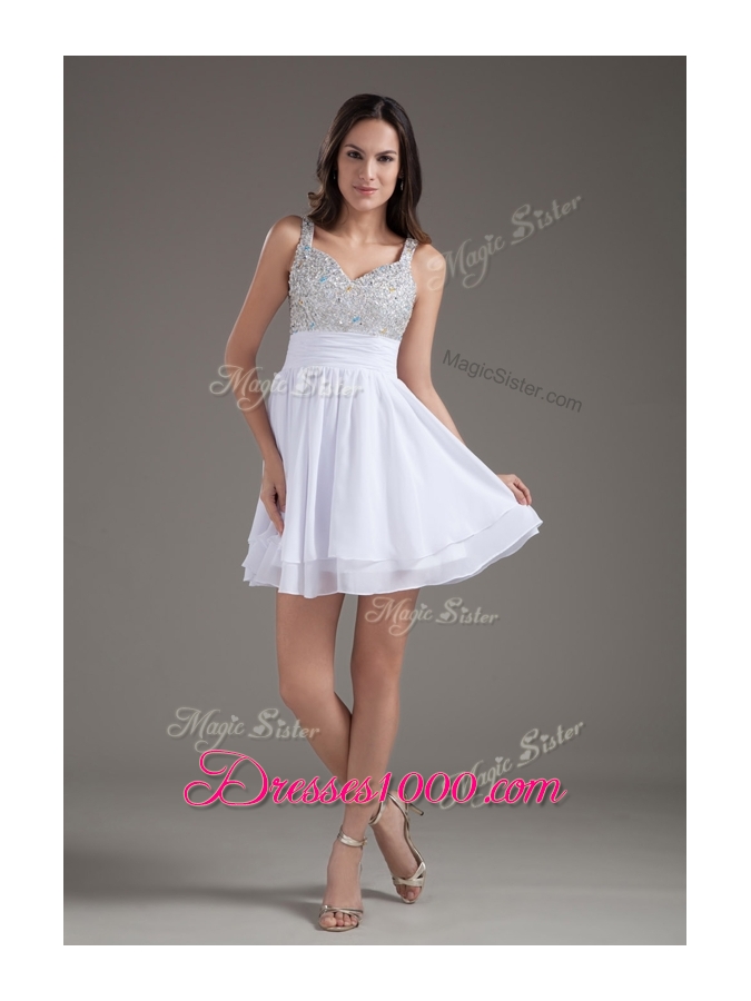 Perfect Short Straps Beading White Prom Dresses for 2016