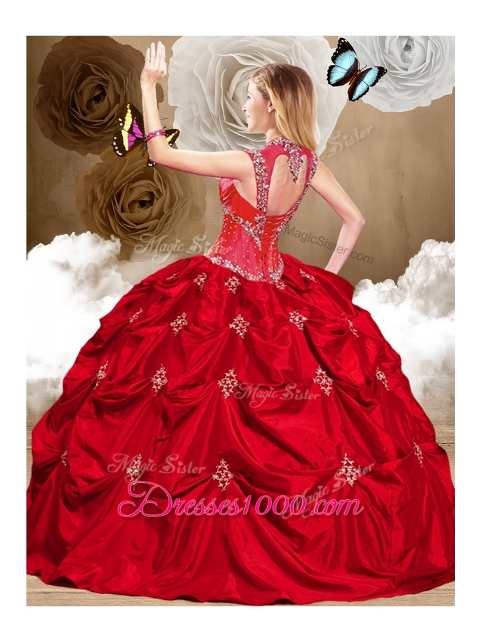 2016 Gorgeous Red Sweet 16 Gowns with Appliques and Pick Ups