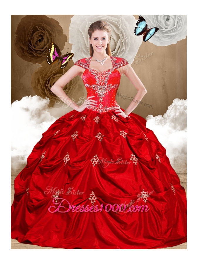 2016 Gorgeous Red Sweet 16 Gowns with Appliques and Pick Ups