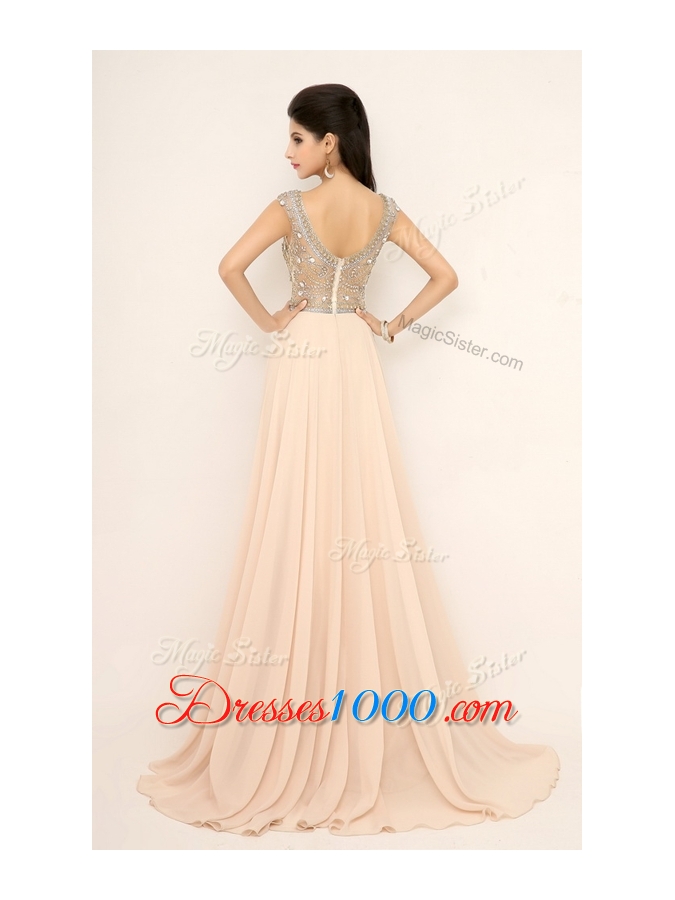 2016 Pretty Empire Bateau Brush Train Prom Dresses with Beading