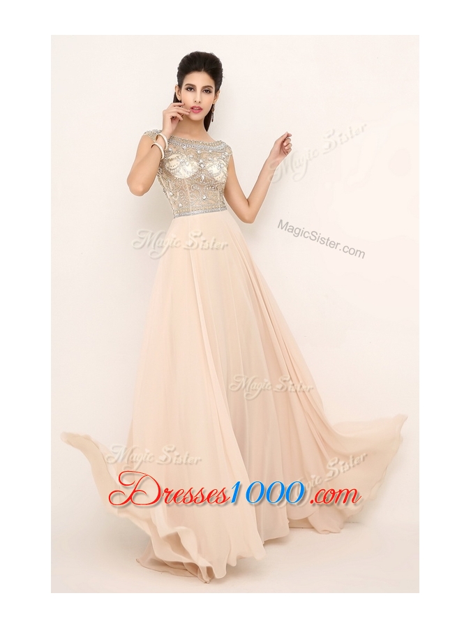 2016 Pretty Empire Bateau Brush Train Prom Dresses with Beading