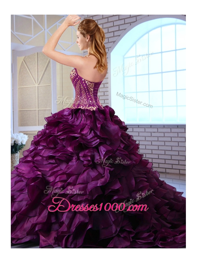 Best Brush Train Ruffles and Appliques Quinceanera Gowns in Wine Red