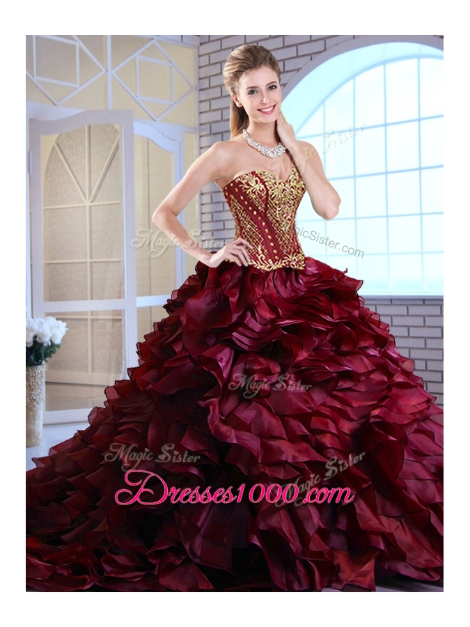 Best Brush Train Ruffles and Appliques Quinceanera Gowns in Wine Red