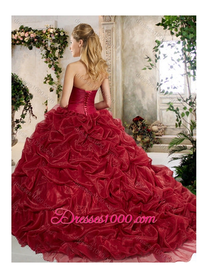 Gorgeous Brush Train Wine Red Quinceanera Gowns with Embroidery