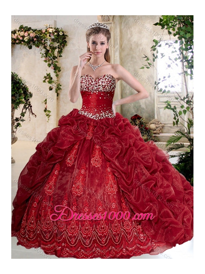 Gorgeous Brush Train Wine Red Quinceanera Gowns with Embroidery