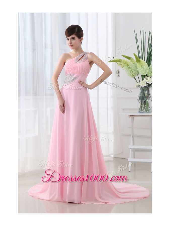 Lovely One Shoulder Brush Train Beading Baby Pink Prom Dress
