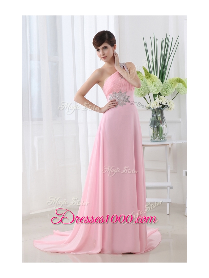 Lovely One Shoulder Brush Train Beading Baby Pink Prom Dress
