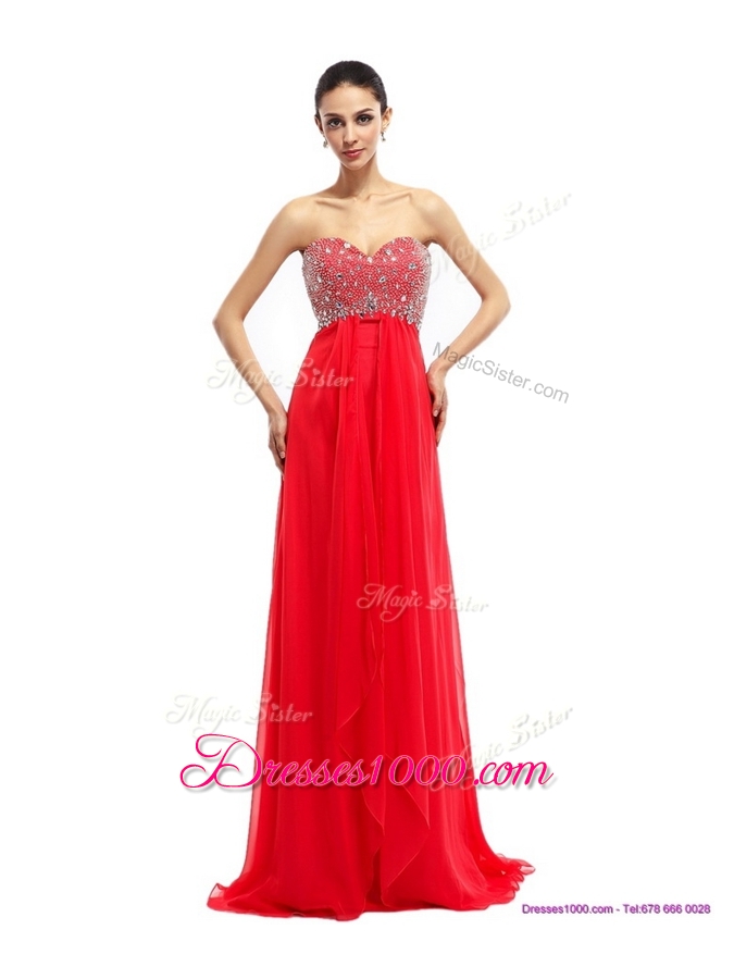Lovely Sweetheart Brush Train Beading Prom Dresses in Red