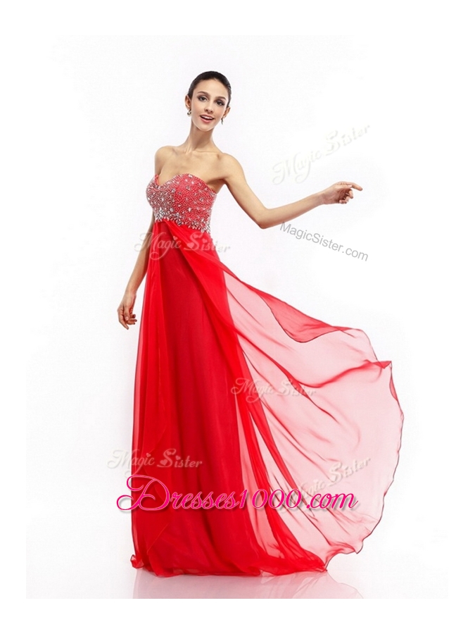Lovely Sweetheart Brush Train Beading Prom Dresses in Red