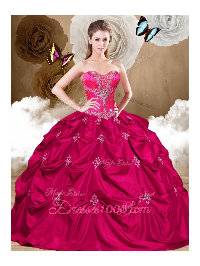 Luxurious Hot Pink Sweet 16 Dresses with Appliques and Pick Ups